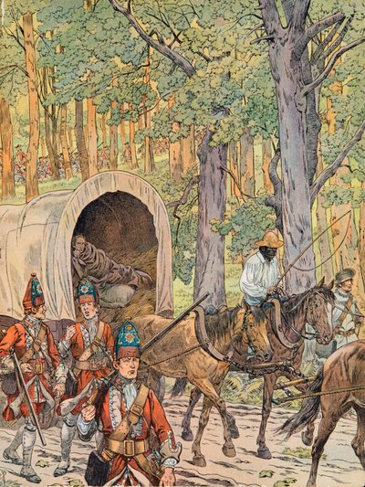 Jacques Marie Gaston Onfroy de Breville dit JOB (1858-1931) - George Washington kenraali Edward Braddockin (n. 1695-1755) armeijan kanssa, hän oli sitten kenraalin apulainen (1755), yksityinen kokoelma tekijältä pseudonym for Onfray de Breville Jacques Job