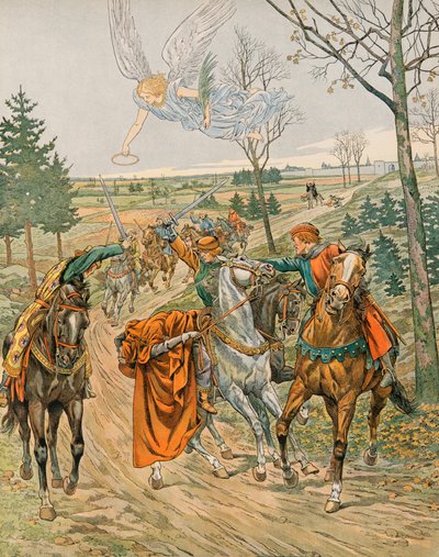 Jacques Marie Gaston Onfroy de Breville dit JOB (1858-1931) - Belgian historia: Saint Albert of Leuven (n. 1166-1192), Liegen prinssi on keisari Henrik VI:n shekarien salamurhaaja Reimsissä vuonna 1192, yksityinen kokoelma tekijältä pseudonym for Onfray de Breville Jacques Job