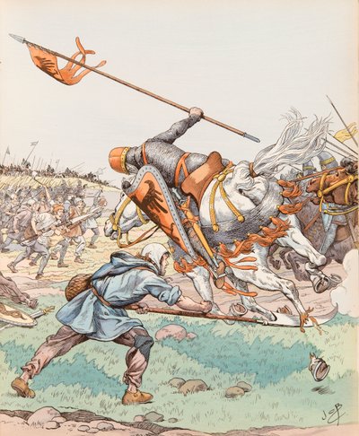 Jacques Marie Gaston Onfroy de Breville dit JOB (1858-1931) - Leaper de Bouvines (talonpoika osallistui Bouvinesin taisteluun vuonna 1214), yksityinen kokoelma tekijältä pseudonym for Onfray de Breville Jacques Job
