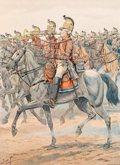Jacques Marie Gaston Onfroy de Breville dit JOB (1858-1931) - Ranskan joukkojen varusteet kaikkina aikoina: Orleansin rykmentin trumpetti - Lohikäärmeet (1781), yksityinen kokoelma tekijältä pseudonym for Onfray de Breville Jacques Job
