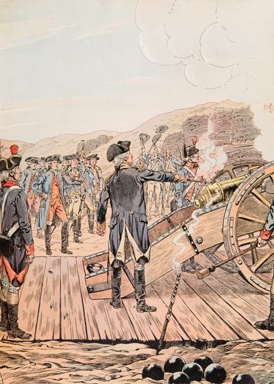 Jacques Marie Gaston Onfroy de Breville dit JOB (1858-1931) - Ensimmäinen aseen laukaus Yorktownin päämajassa syyskuussa 1781, yksityinen kokoelma tekijältä pseudonym for Onfray de Breville Jacques Job