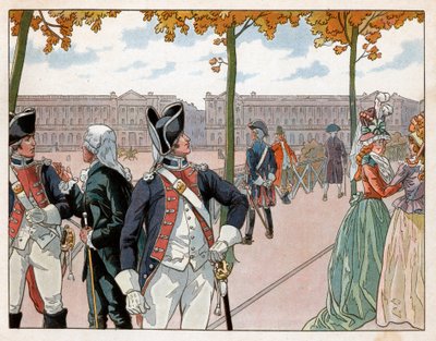 Joachim Murat (1767-1815) ja Bessieres Pariisissa vuonna 1791 yllään kuninkaan perustuslaillisen vartijan puku. Kaiverrus Jacques Marie Gaston Onfray de Breville dit Job (1858-1931) tekijältä pseudonym for Onfray de Breville Jacques Job