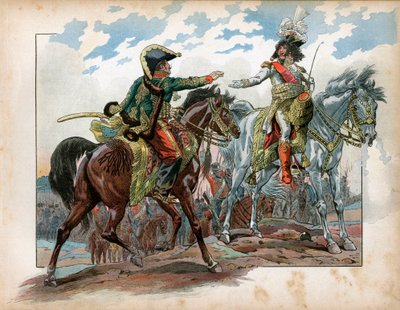 Joachim Murat (1767-1815) ja kenraali Antoine Charles Louis de La Salle (Lasalle) (1775-1809) Heilsbergin taistelussa vuonna 1807. Jacques Marie Gastonin kaiverrus Onfray de Breville dit Job (1858-1931) tekijältä pseudonym for Onfray de Breville Jacques Job