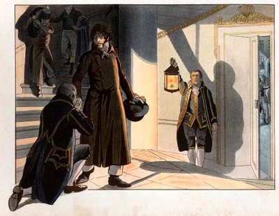 Joachim Murat (1767-1815) pakeni Napolin palatsistaan yönä 19. ja 20. toukokuuta 1815 palatakseen Ranskaan itävaltalaisten tappion jälkeen. Kaiverrus Jacques Marie Gaston Onfray de Breville dit Job (1858-1931) tekijältä pseudonym for Onfray de Breville Jacques Job