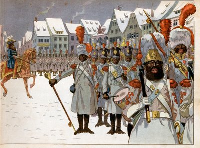 Joachim Murat (1767-1815) pelasti armeijan komennon keisarin poistuttua Venäjältä. Pääkonttorissaan Koenigsbergissä hän arvostelee mustia ihmisiä. Kaiverrus Jacques Marie Gaston Onfray de Breville dit Job (1858-1931) tekijältä pseudonym for Onfray de Breville Jacques Job