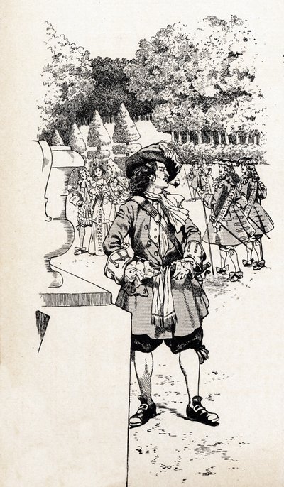 Ranskan kuningas Ludvig XIV kutsui kuningas Soleiliksi (1638-1715) hovimiesten kanssa Versaillesin puutarhoissa. Kuvitus Jobista (Jacques Marie Gaston Onfray ja Breville) (Jacques-Marie) (1858-1931) kirjalle "Ranskan maan suuret historialliset sanat" tekijältä pseudonym for Onfray de Breville Jacques Job