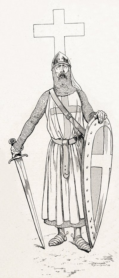 Ludvig IX:n ritari, joka tunnetaan nimellä Saint Louis (1214-1270) ristiretken asussa. Kuvitus Jobista (Jacques Marie Gaston Onfray ja Breville) (Jacques-Marie) (1858-1931) kirjalle "Les grands mots historique du pays de France" 1915. Privee Collection. tekijältä pseudonym for Onfray de Breville Jacques Job