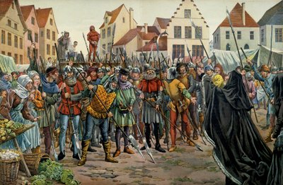 Burgundin herttuatar Maria (1457-1482), Burgundin herttuatar haki armoa neuvonantajilleen vuonna 1477. Kuvitus: Jacques Marie Gaston Onfray de Breville dit JOB (1858-1931) teoksessa ”” Louis XI””” tekijältä pseudonym for Onfray de Breville Jacques Job