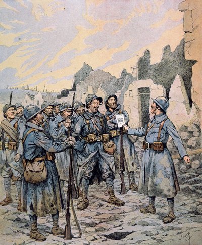 Kapina Ranskan armeijassa länsirintamalla, huhti-toukokuu 1917 (väri litho) tekijältä pseudonym for Onfray de Breville Jacques Job