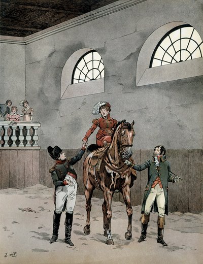 Napoleon I Bonaparte (1729-1821) osallistui itävaltalaisen Marie Louisen (1791-1847) ratsastustunneille. Georges Montorgueilin teoksessa "Napoleon". Kuvitus: Jacques Marie Gaston Onfray de Breville dit JOB (1858-1931) tekijältä pseudonym for Onfray de Breville Jacques Job