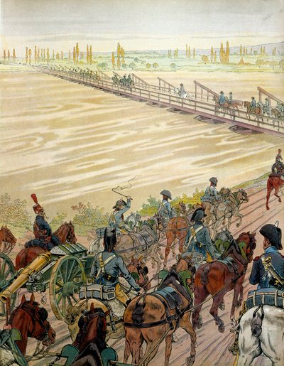 Napoleon I Bonaparte (1769-1821) ja hänen armeijansa ohittivat Reinin 1. lokakuuta 1805. Georges Montorgueilin teoksessa Napoleon. Kuvitus: Jacques Marie Gaston Onfray de Breville dit JOB (1858-1931) tekijältä pseudonym for Onfray de Breville Jacques Job
