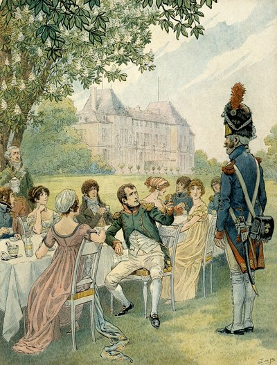 Napoleon I Bonaparte (1769-1821) lounaalla Malmaisonin linnan puutarhassa. Kuvitus: Jacques Marie Gaston Onfray de Breville dit JOB (1858-1931). Yksityinen kokoelma tekijältä pseudonym for Onfray de Breville Jacques Job