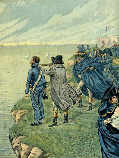Napoleon I Bonaparte (1769-1821) vieraili Boulognen leirin arsenaalissa heinäkuussa 1804. Kuvitus: Jacques Marie Gaston Onfray de Breville dit JOB (1858-1931). Yksityinen kokoelma tekijältä pseudonym for Onfray de Breville Jacques Job