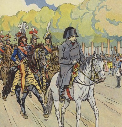 Ranskalainen Napoleon I, lempinimeltään "pieni korpraali" (väri litho) tekijältä pseudonym for Onfray de Breville Jacques Job