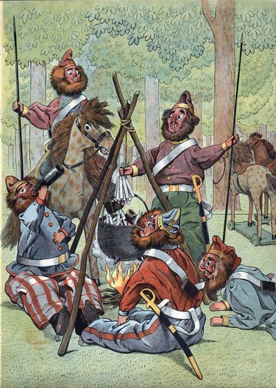 Kohtaus Ranskan historiasta leluissa: Venäjän vetäytymisjakson jälkeen Napoleonin sodan aikana (1812) kasakot pystyttivät bivouakkinsa Champs Elysees