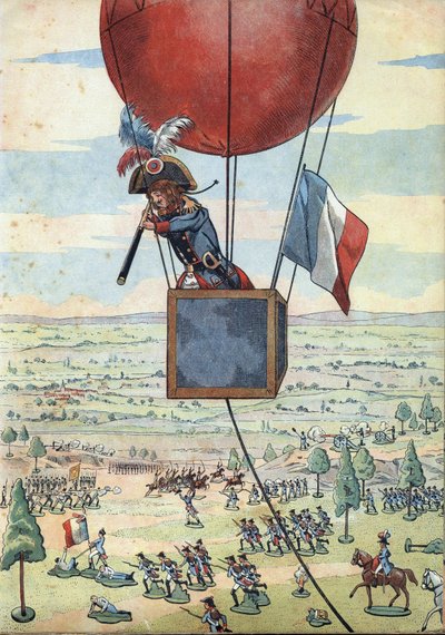 Kohtaus Ranskan historiasta leluissa: Fleuruksen taistelu 26. kesäkuuta 1794 ja kapteeni Jean Marie Josephin (Jean-Marie-Joseph) Coutellen (1748-1835) havaintoilmapallon ensimmäinen käyttö pitkällä näkymällä - In " ”Pelataan historiaa: Ranska lavasteli nok tekijältä pseudonym for Onfray de Breville Jacques Job