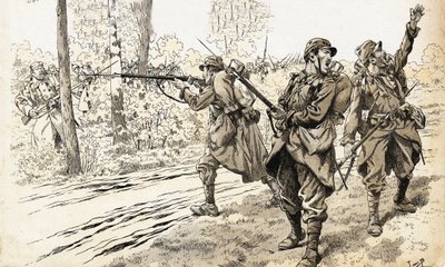 Ammu heidät! Vuosien 1914-1918 sodan ranskalaiset sotilaat lähetettiin partioon tunnistamaan vihollisen vahvuus ja tarkka sijainti. Löydettyään saksalaiset joukot he antoivat tulikäskyn murehtimatta jäävänsä tulipalojen väliin. Kuva Jobista (J tekijältä pseudonym for Onfray de Breville Jacques Job