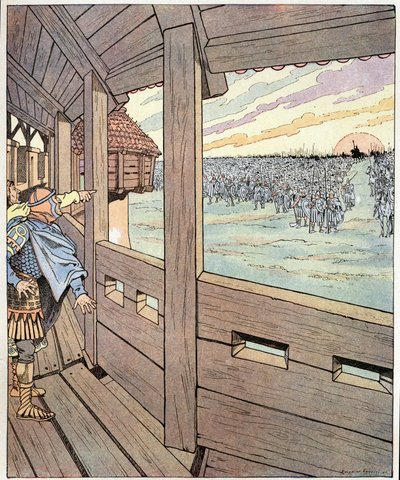 Rautamies, tässä Kaarle Suuri. Oggerin sanat Lombardien kuninkaalle Didierille, kun hän nousi kuningas Kaarle Suuren tai Kaarle I Suuren (742-814) Pavian muurien huipulta vuonna 774. Kuva Jobista (Jacques Marie Gaston Onfray ja Breville tekijältä pseudonym for Onfray de Breville Jacques Job