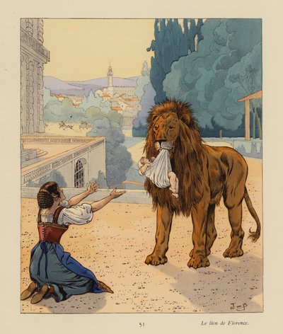 Firenzen leijona (värilitografia) tekijältä pseudonym for Onfray de Breville Jacques Job