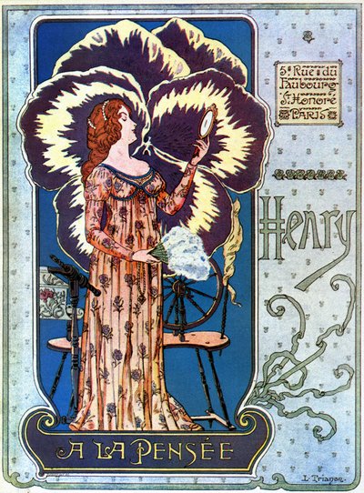 Art Nouveau: mainosjuliste kosmetiikkaliikkeelle "Henry a la Thought" Pariisissa. Nuori nainen ihailee itseään peilissä, takanaan ajatuksen kukka. Kuva L. Trianonista tekijältä pseudonym of Trinquier Louis Trinquier Trianon