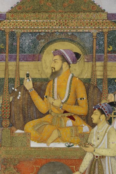 Yksityiskohta Keisari Shah Jahanista riikinkukon valtaistuimella, 1640 (läpinäkymätön wc ja kultaa paperilla) tekijältä son of Aqa Riza Abid