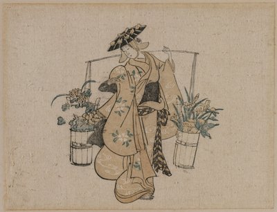 Una bellesa que porta dos galledes de flors finnès tekijältä style of Torii Kiyomasu