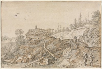 Mäkinen maisema kota puron vieressä, 1627. tekijältä van de Velde Esaias