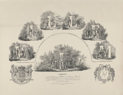 Allegoria kuningas Vilhelm I:n hyveistä, 1831 Vilhelm I Hollannin ensimmäinen perustuslaillinen kuningas, kansallisen vapautemme ja itsenäisyytemme palauttaja (...) (otsikko esineessä) tekijältä van der Meulen