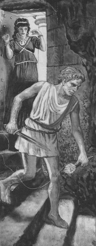 Theseus astuu labyrintiin ja rullaa auki narupallon tekijältä English School