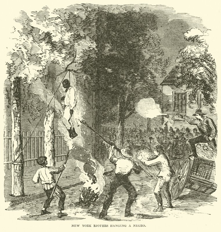 New Yorkin mellakoitsijat hirttivat mustan, heinäkuu 1863 (kaiverrus) tekijältä (after) American School