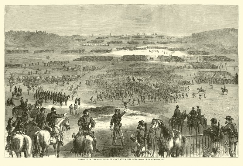 Konfederaation armeijan asema, kun antautuminen ilmoitettiin, huhtikuu 1865 (kaiverrus) tekijältä (after) American School