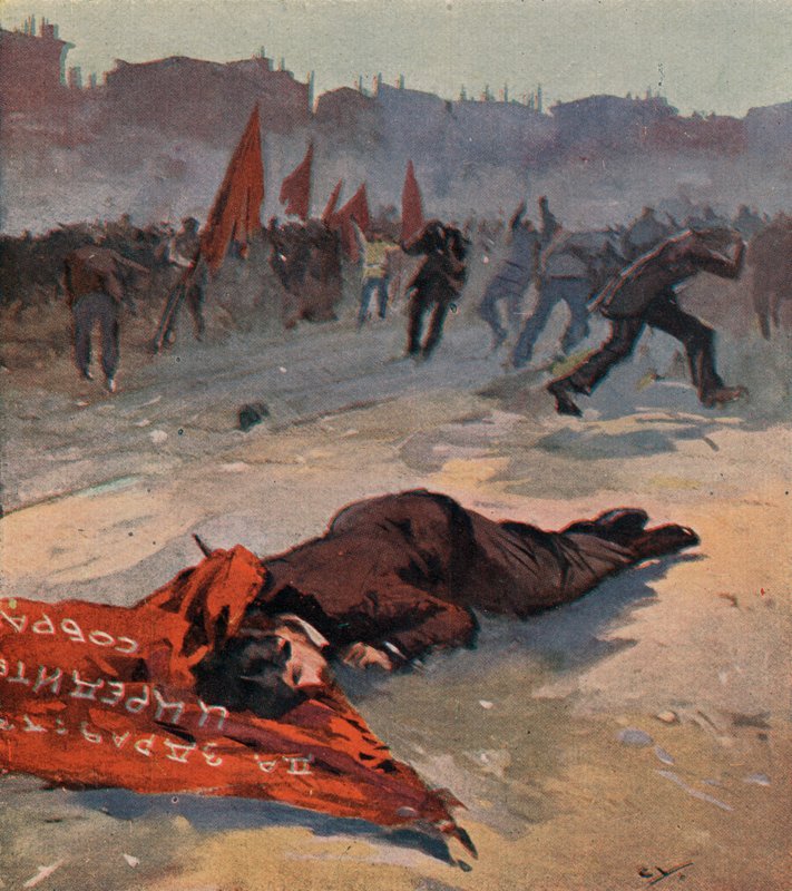 Bolshevikkipunakaarti tappoi sosialistisen vallankumouspuolueen aktivistin nimeltä Gorbatšovskaja mielenosoituksen aikana, Petrograd, Venäjä tekijältä (after) Carrey