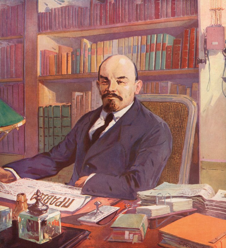 Venäjän bolshevikkijohtaja Lenin toimistossaan Kremlissä, Moskova, Neuvostoliitto (värilitho) tekijältä (after) Carrey
