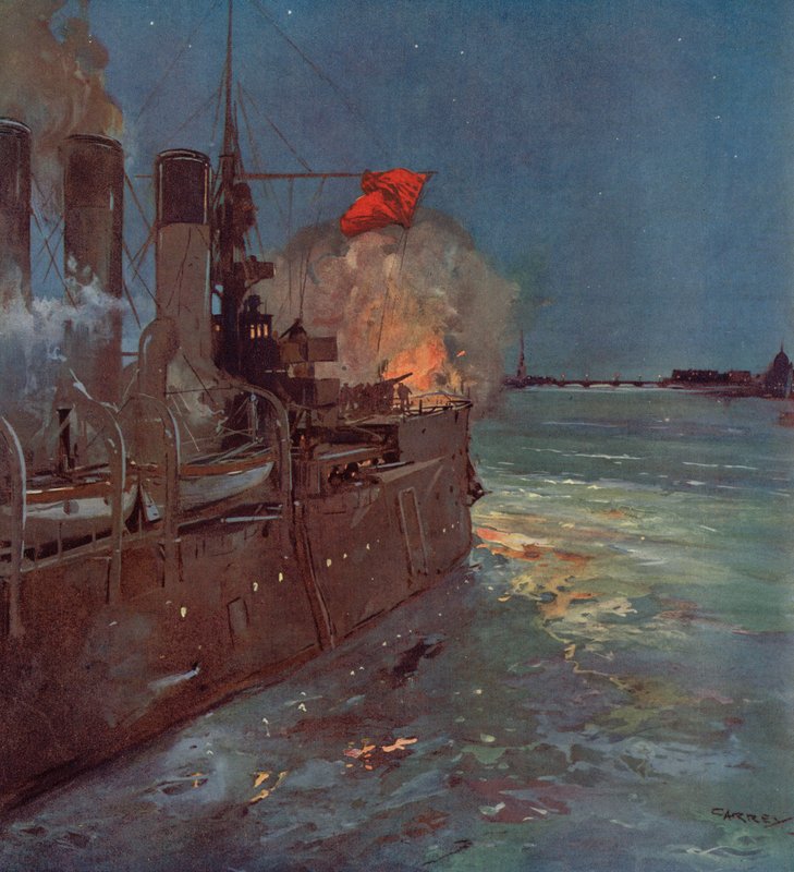 Venäläinen risteilijä Aurora ampui laukauksen merkiksi talvipalatsin hyökkäyksestä Petrogradissa, Venäjän vallankumous, 25. lokakuuta 1917 (värilitho) tekijältä (after) Carrey