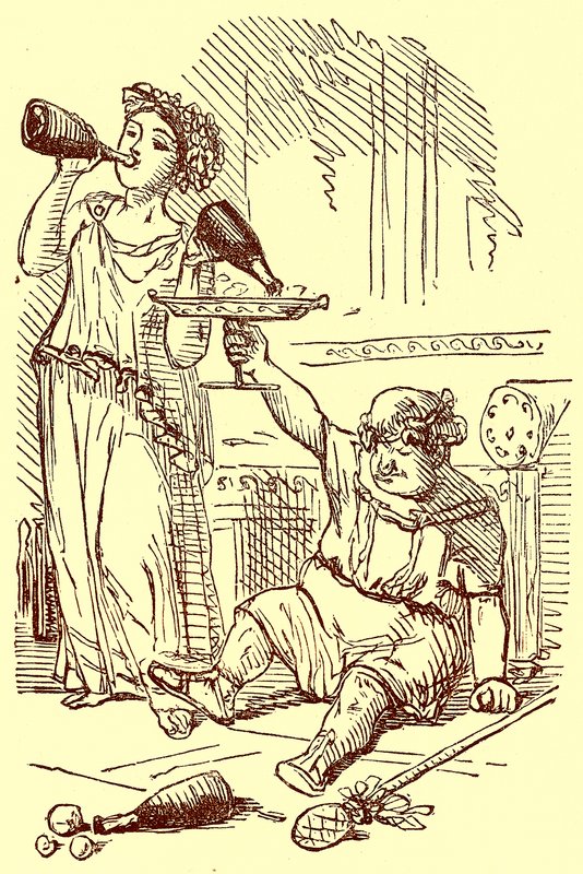Bacchanalian ryhmä, hyvin vanhasta maljakosta, kuvitus Gilbert Abbott a Beckettin teoksesta The Comic History of Rome, julkaistu n. 1850 (digitaalisesti paranneltu kuva) tekijältä (after) English School