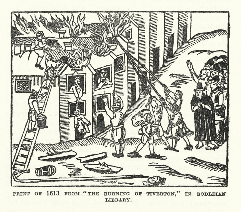 Bodleianin kirjastossa oleva vedos vuodelta 1613 elokuvasta "The Burning of Tiverton" (litografia). tekijältä (after) English School