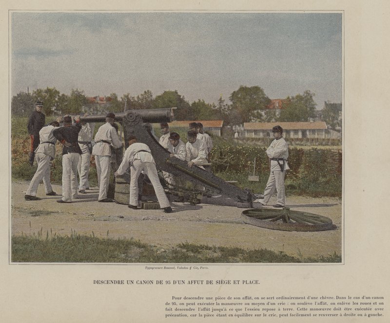 Canon de 95:n laskeminen Affut de Siege et Placesta (värillinen kuva) tekijältä (after) French Photographer