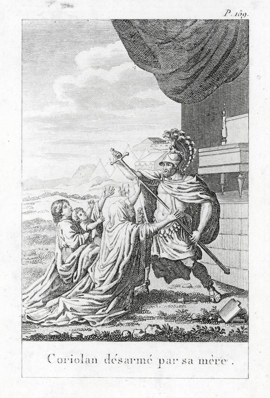 Coriolanus riisuu äitinsä aseista (kaiverrus) tekijältä (after) French School