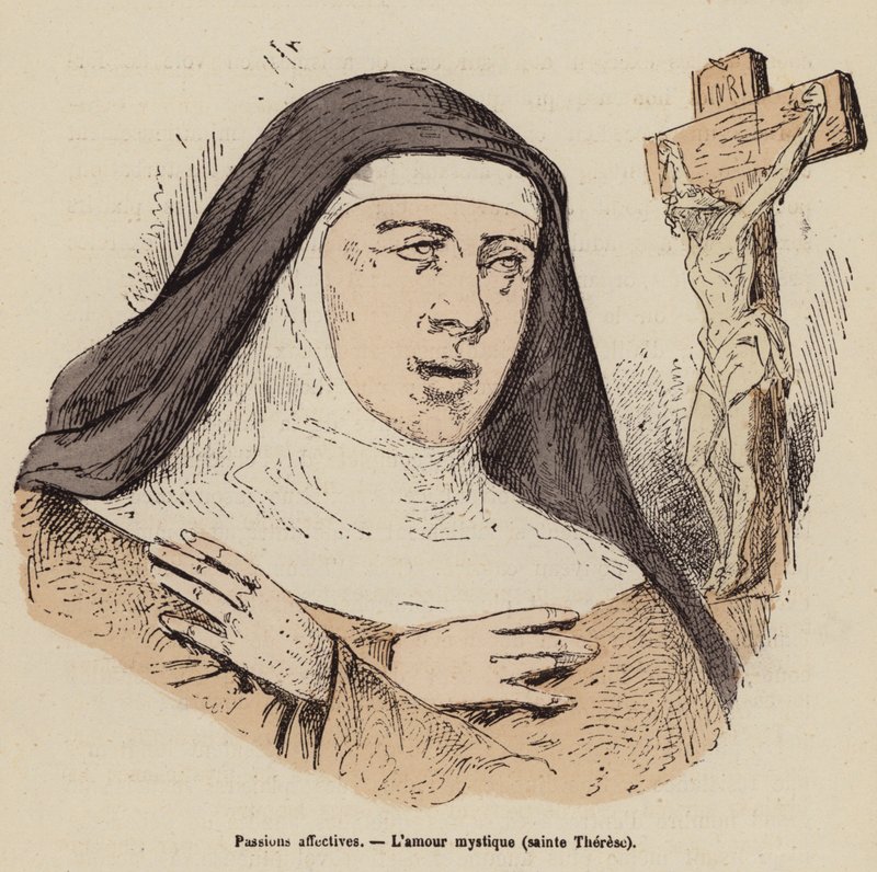 Pyhän Teresan rakkaus Jumalaa kohtaan (värillinen kaiverrus) tekijältä (after) French School