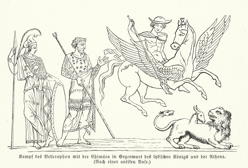 Bellerophon taistelemassa khimairaa vastaan (kaiverrus) tekijältä (after) German School