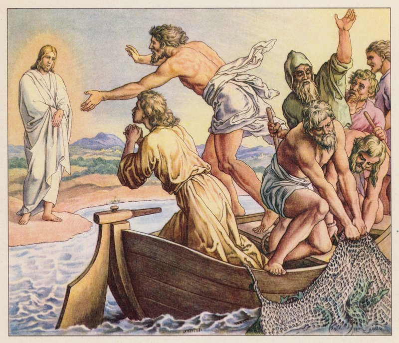 Jeesus ilmestyy opetuslapsilleen (värilitografia) tekijältä (after) German School