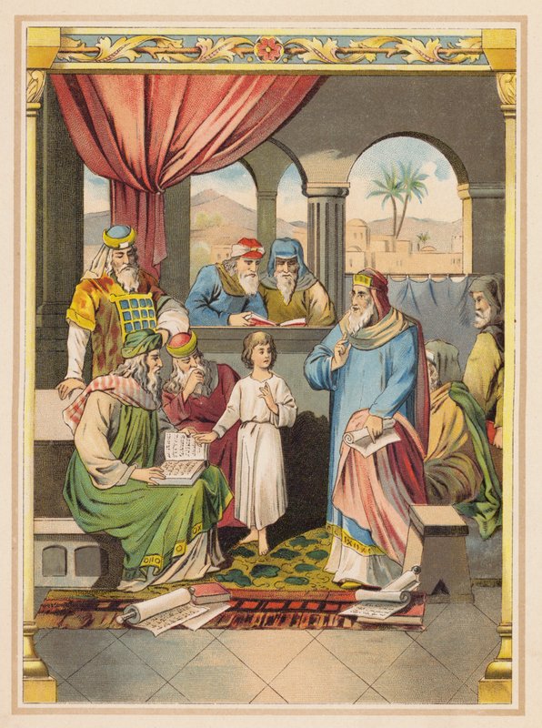 Jeesus ja vanhimmat temppelissä (värilitografia) tekijältä (after) German School