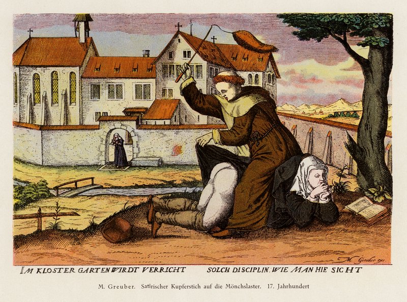 Munkki kurittaa nunnaa luostarin puutarhassa (värilitografia). tekijältä (after) German School
