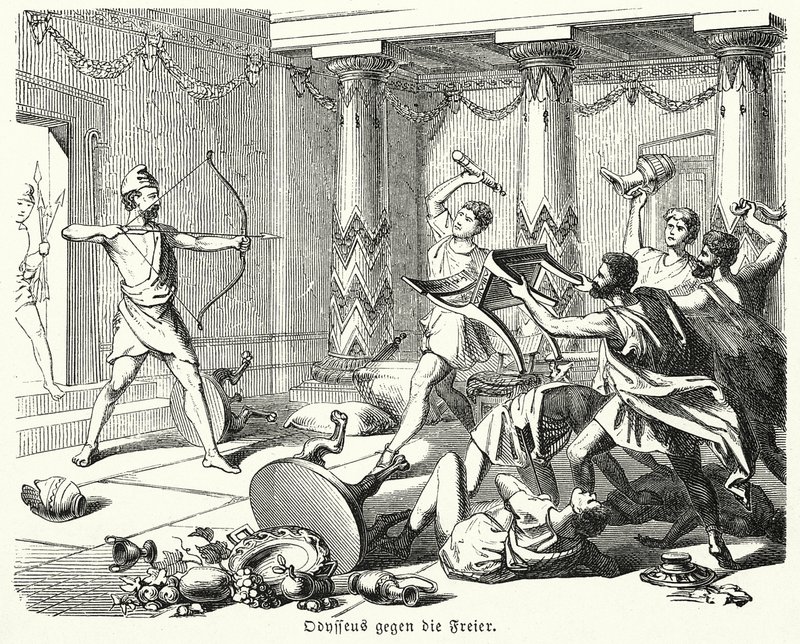 Odysseus tappaa Penelopen kosijat (kaiverrus) tekijältä (after) German School