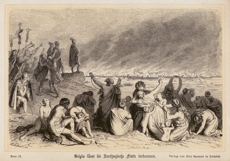 Scipio Africanus polttaa karthagolaisen laivaston (kaiverrus). tekijältä (after) German School