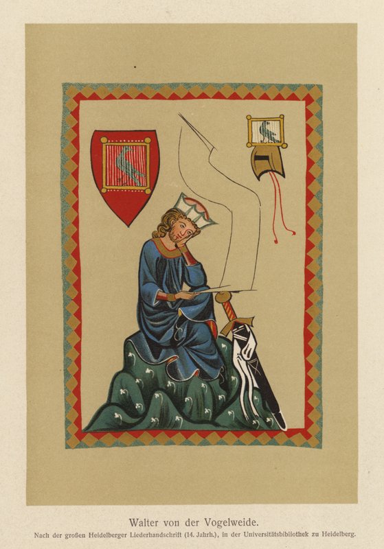 Walther von der Vogelweide, keskisaksalainen lyyrinen runoilija (värilitografia) tekijältä (after) German School