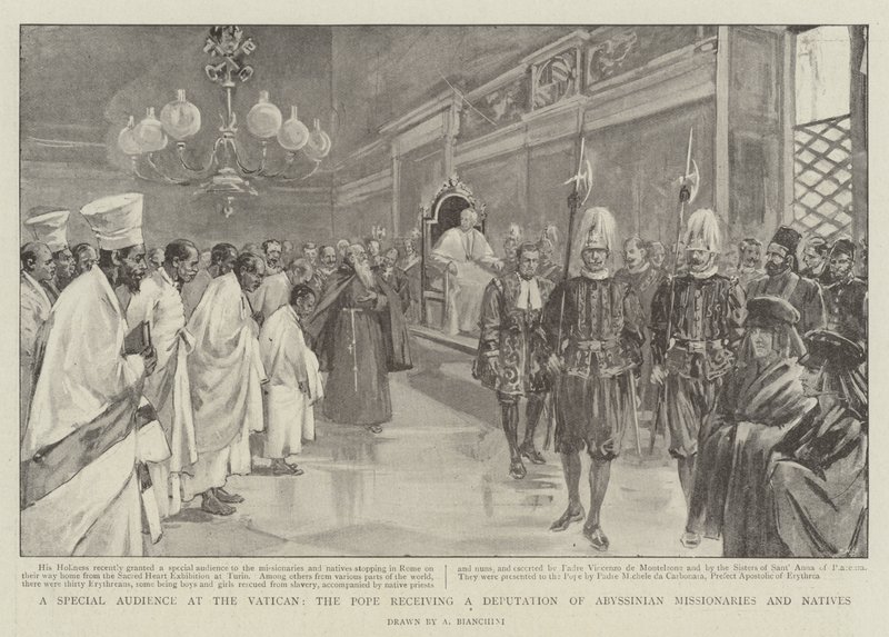 Erikoistunto Vatikaanissa, paavi vastaanottaa Abessinian lähetyssaarnaajien ja alkuperäiskansojen valtuuskunnan (litho) tekijältä (after) Italian School
