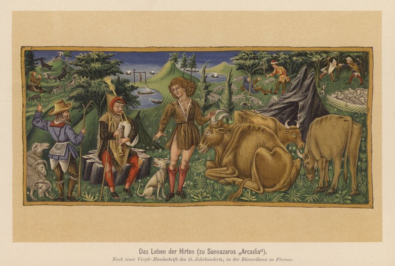 Kohtaus Jacopo Sannazaron runosta Arkadia (värilitografia). tekijältä (after) Italian School