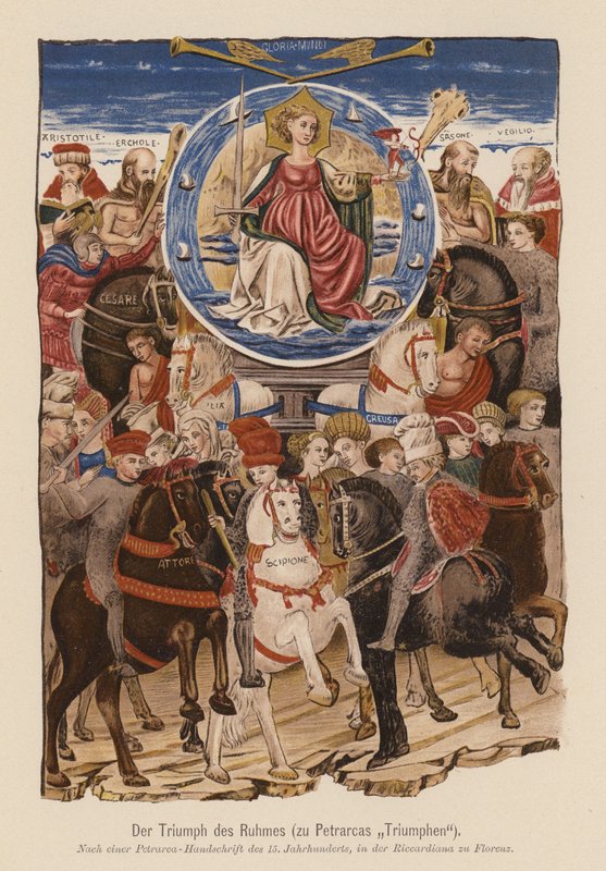 Kohtaus Petrarcan I Trionfi -teoksesta (värilitografia). tekijältä (after) Italian School