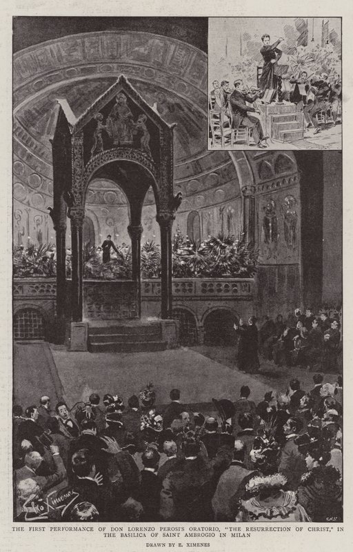 Don Lorenzo Perosin oratorion "Kristuksen ylösnousemus" ensiesitys Pyhän Ambrogion basilikassa Milanossa (litho) tekijältä (after) Italian School